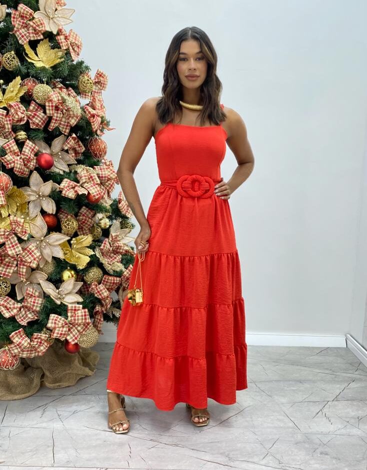 Vestido Longo Maitê com Bojo e Amarração Vermelho - Fernanda Ramos Store