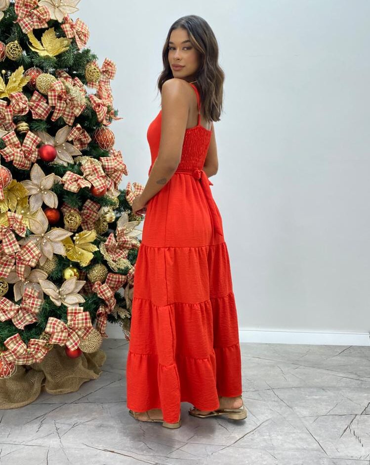 Vestido Longo Maitê com Bojo e Amarração Vermelho - Fernanda Ramos Store