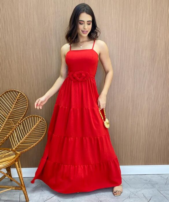 Vestido Longo Maya com Bojo e Amarração Vermelho - Fernanda Ramos Store