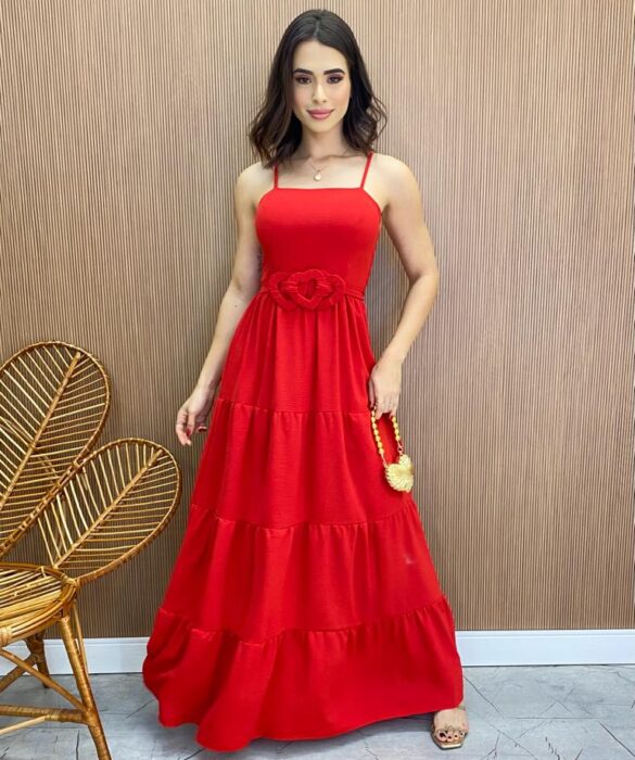 Vestido Longo Maya com Bojo e Amarração Vermelho - Fernanda Ramos Store