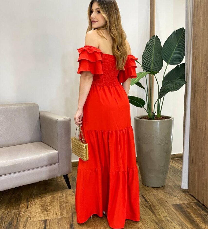 Vestido Longo Ombro a Ombro sem Bojo Vermelho Manga Babados - Fernanda Ramos Store