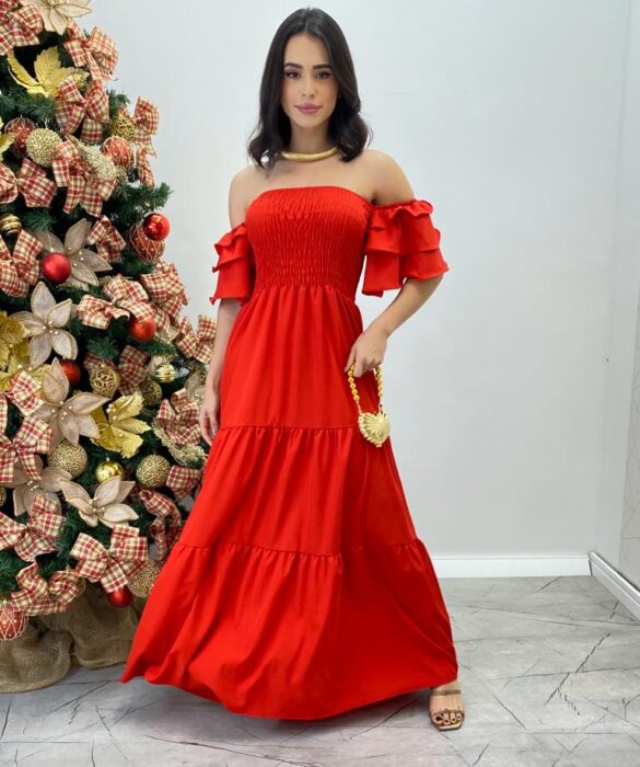 Vestido Longo Ombro a Ombro sem Bojo Vermelho Manga Babados - Fernanda Ramos Store