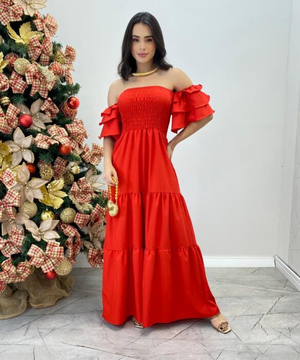 Vestido Longo Ombro a Ombro sem Bojo Vermelho Manga Babados - Fernanda Ramos Store