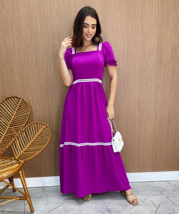 Vestido Longo sem Bojo com Lastex Fúcsia Manga Princesa - Fernanda Ramos Store