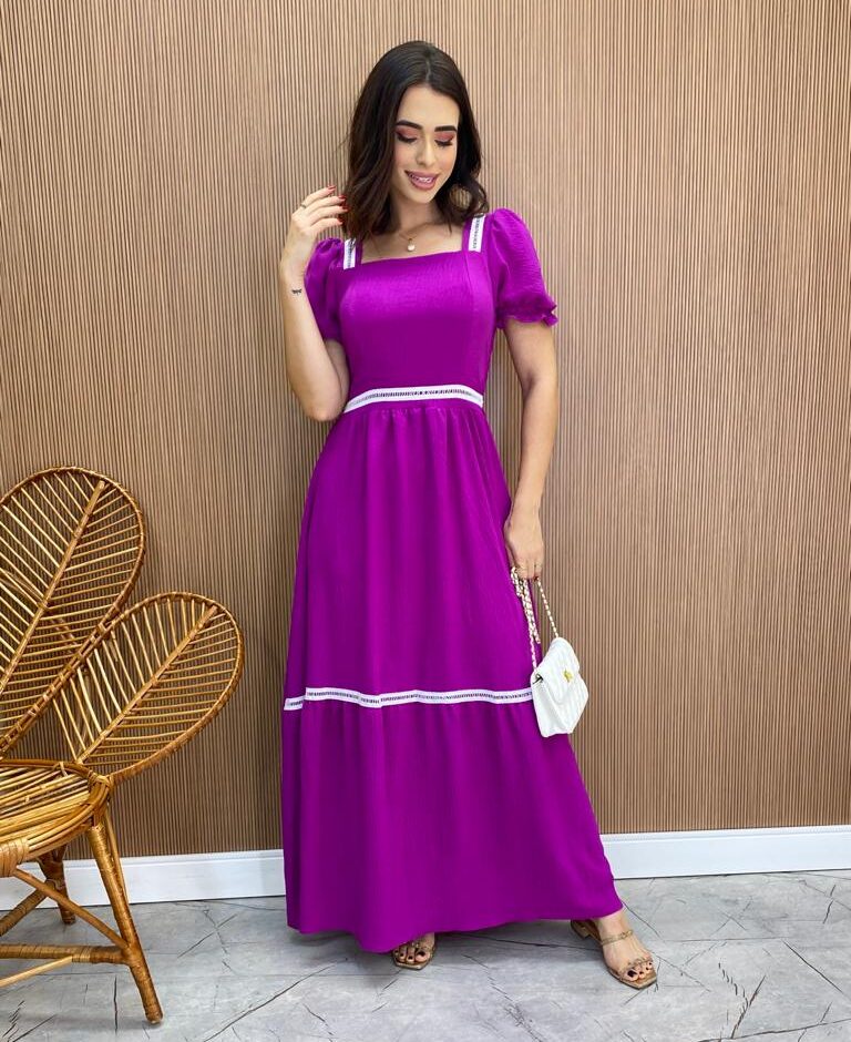 Vestido Longo sem Bojo com Lastex Fúcsia Manga Princesa - Fernanda Ramos Store