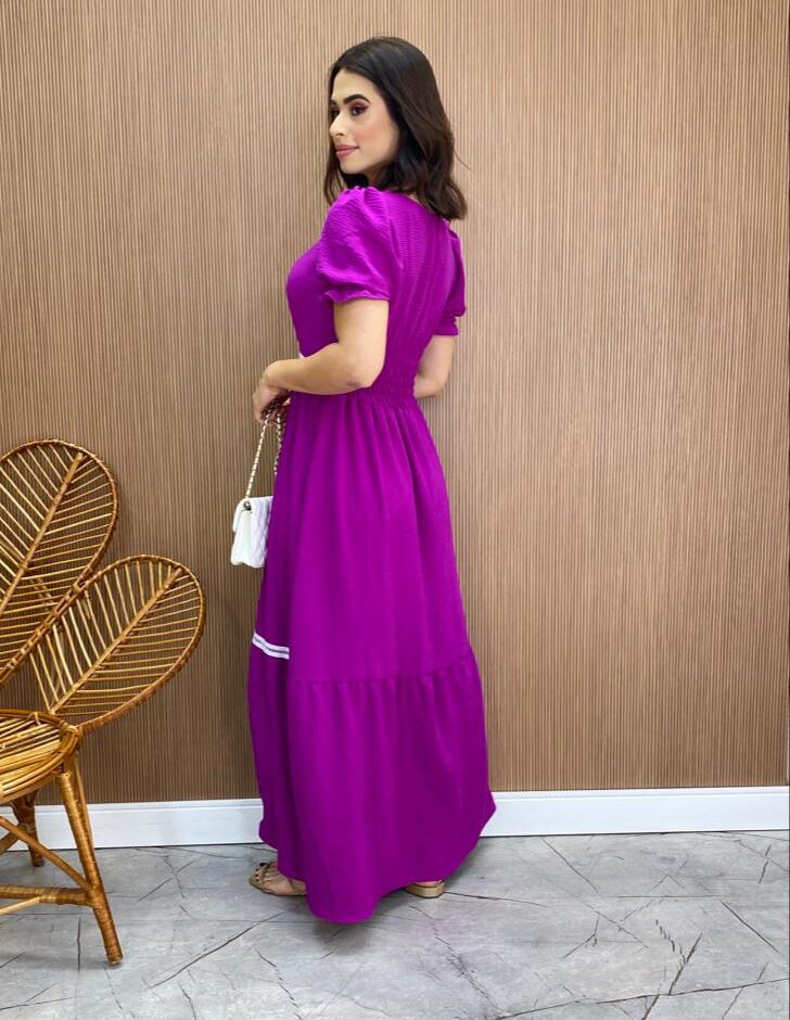 Vestido Longo sem Bojo com Lastex Fúcsia Manga Princesa - Fernanda Ramos Store