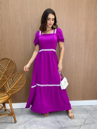 Vestido Longo sem Bojo com Lastex Fúcsia Manga Princesa - Fernanda Ramos Store