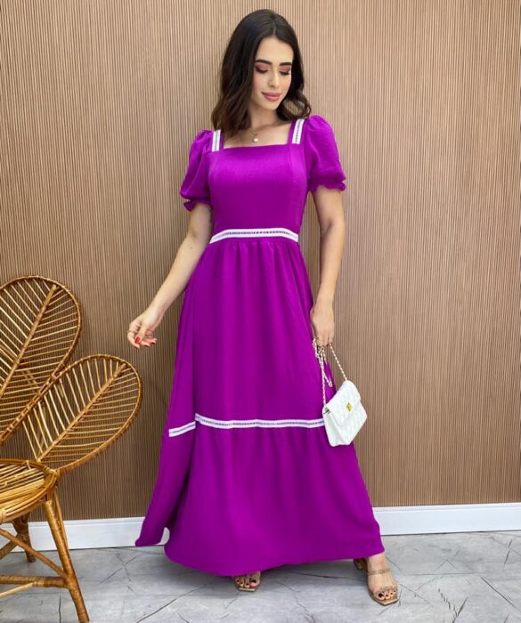 Vestido Longo sem Bojo com Lastex Fúcsia Manga Princesa - Fernanda Ramos Store