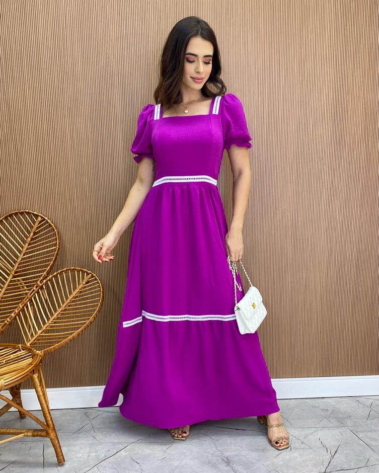 Vestido Longo sem Bojo com Lastex Fúcsia Manga Princesa - Fernanda Ramos Store