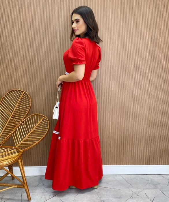 Vestido Longo sem Bojo com Lastex Vermelho Manga Princesa - Fernanda Ramos Store