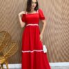 Vestido Longo sem Bojo com Lastex Vermelho Manga Princesa - Fernanda Ramos Store