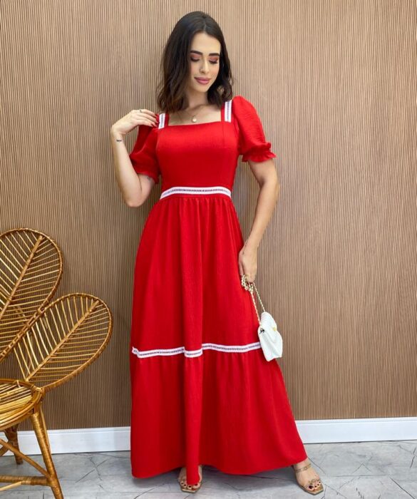 Vestido Longo sem Bojo com Lastex Vermelho Manga Princesa - Fernanda Ramos Store