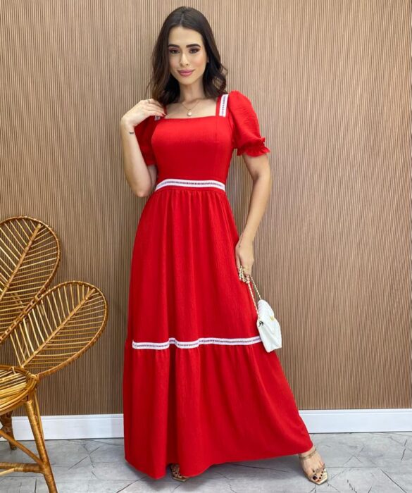 Vestido Longo sem Bojo com Lastex Vermelho Manga Princesa - Fernanda Ramos Store