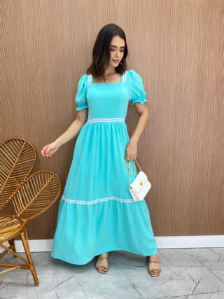 Vestido Longo sem Bojo Verde Água Manga Princesa - Fernanda Ramos Store