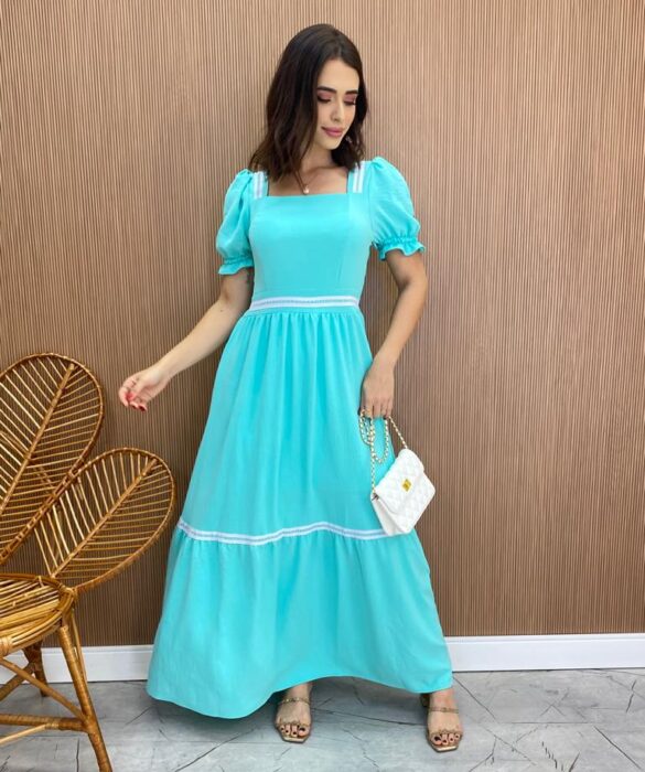 Vestido Longo sem Bojo Verde Água Manga Princesa - Fernanda Ramos Store