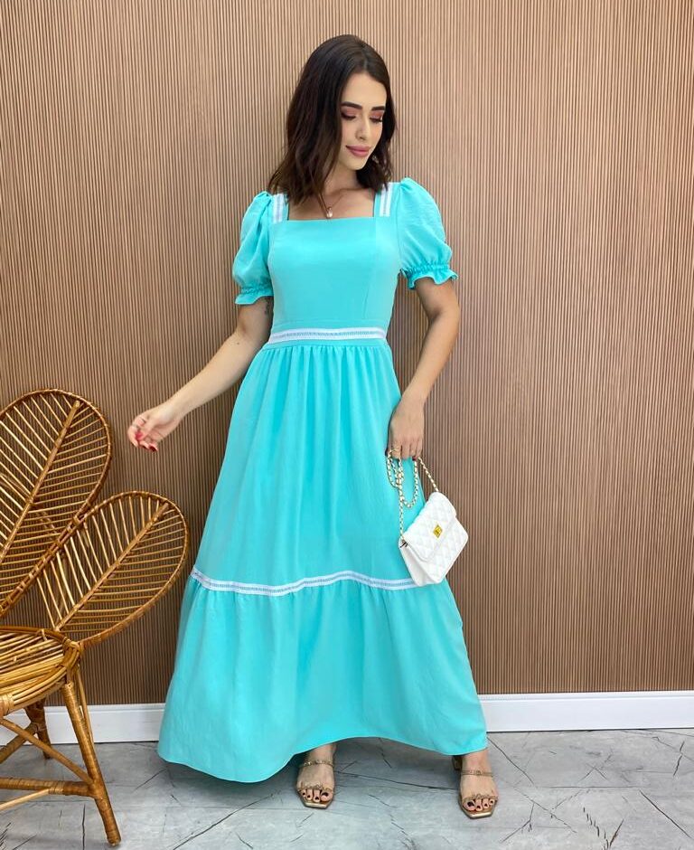 Vestido Longo sem Bojo Verde Água Manga Princesa - Fernanda Ramos Store