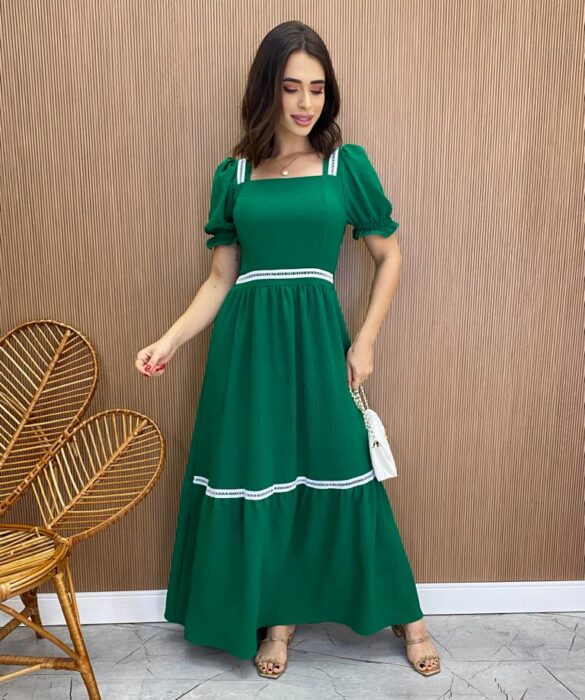 Vestido Longo sem Bojo Verde Bandeira Manga Princesa - Fernanda Ramos Store