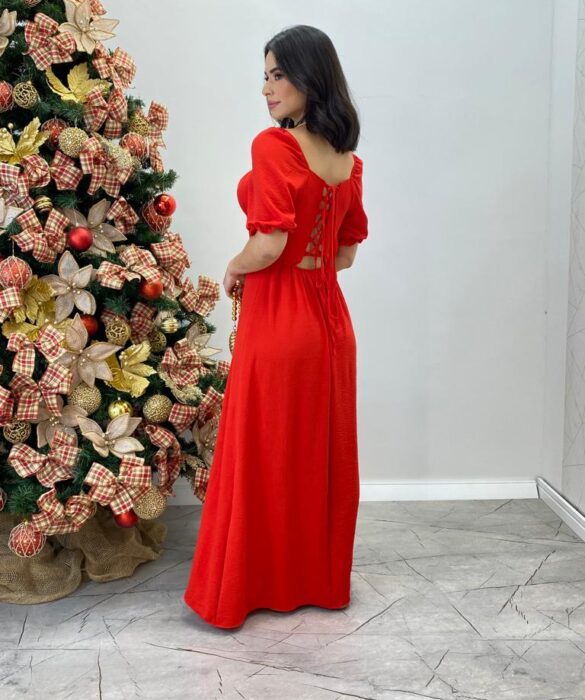 Vestido Longo sem Bojo Vermelho Manga Princesa Abertura Lateral - Fernanda Ramos Store