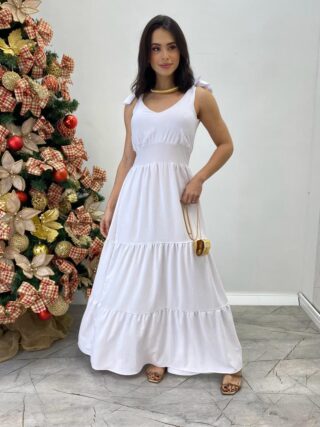 Vestido Longo Sophia Branco com Bojo e Amarração nas Alças - Fernanda Ramos Store