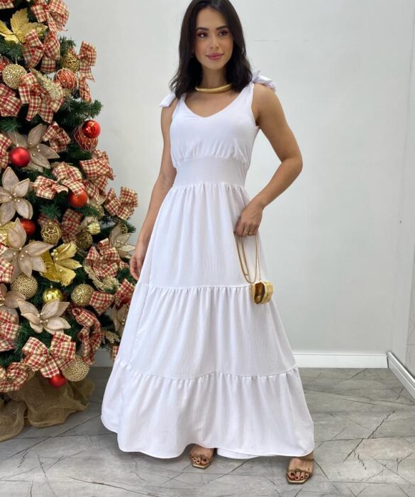 Vestido Longo Sophia Branco com Bojo e Amarração nas Alças - Fernanda Ramos Store