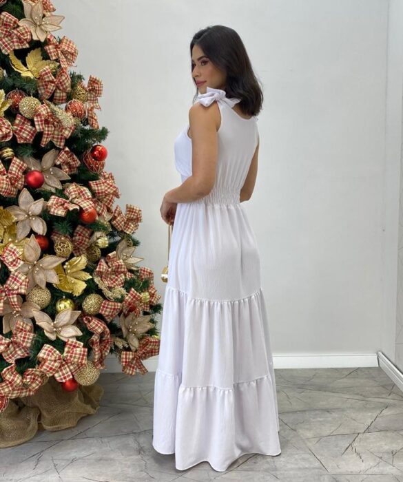 Vestido Longo Sophia Branco com Bojo e Amarração nas Alças - Fernanda Ramos Store