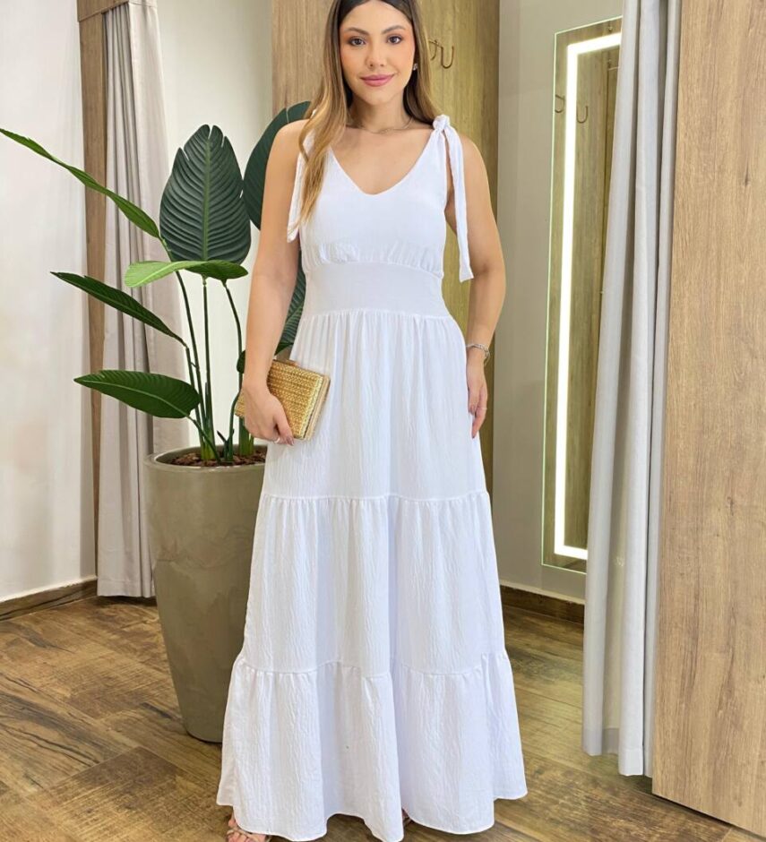 Vestido Longo Sophia Branco com Bojo e Amarração nas Alças - Fernanda Ramos Store