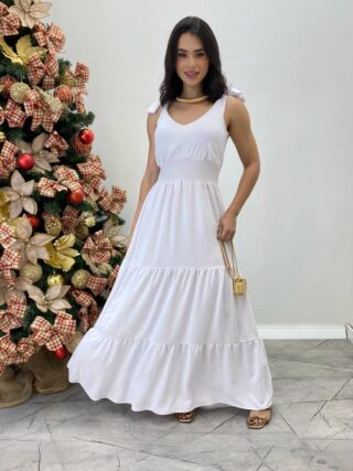 Vestido Longo Sophia Branco com Bojo e Amarração nas Alças - Fernanda Ramos Store