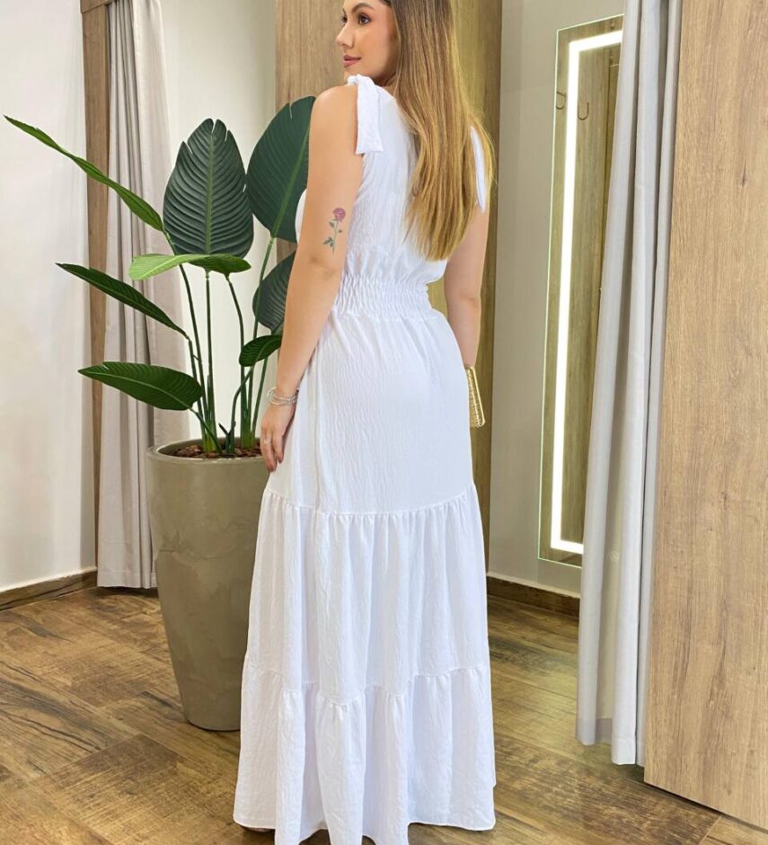 Vestido Longo Sophia Branco com Bojo e Amarração nas Alças - Fernanda Ramos Store