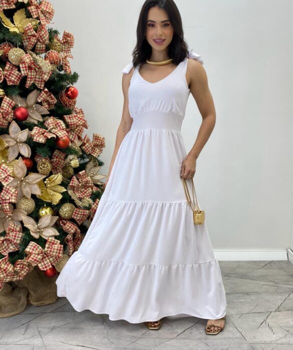 Vestido Longo Sophia Branco com Bojo e Amarração nas Alças - Fernanda Ramos Store