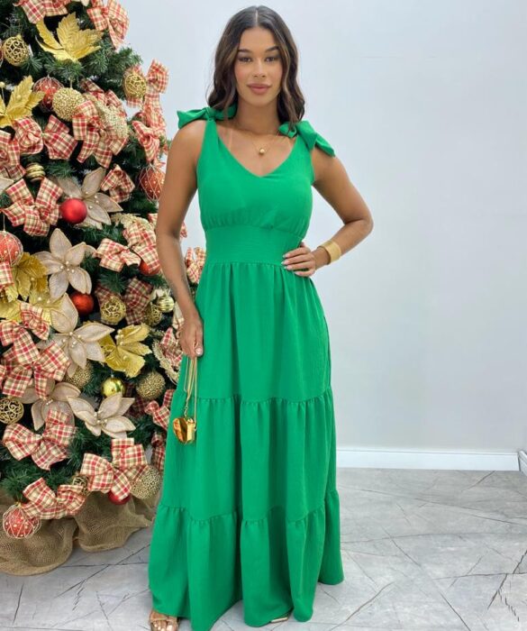 Vestido Longo Sophia Verde com Bojo e Amarração nas Alças - Fernanda Ramos Store