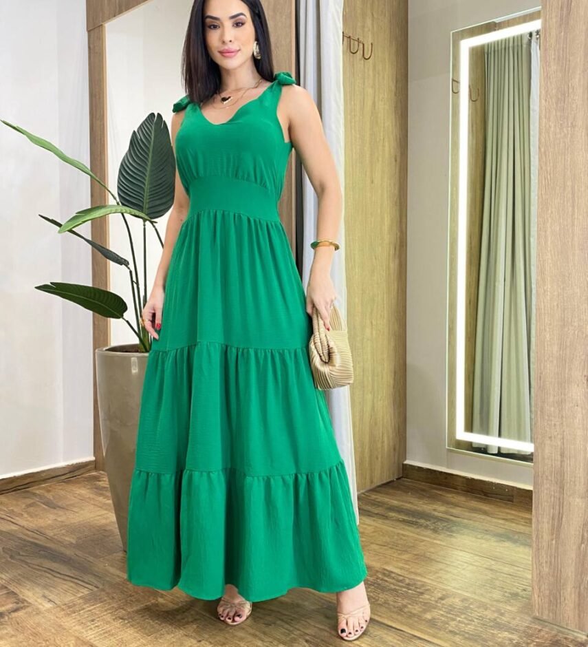 Vestido Longo Sophia Verde com Bojo e Amarração nas Alças - Fernanda Ramos Store
