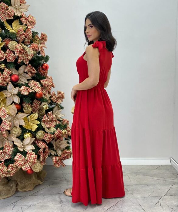 Vestido Longo Sophia Vermelho com Bojo e Amarração nas Alças - Fernanda Ramos Store