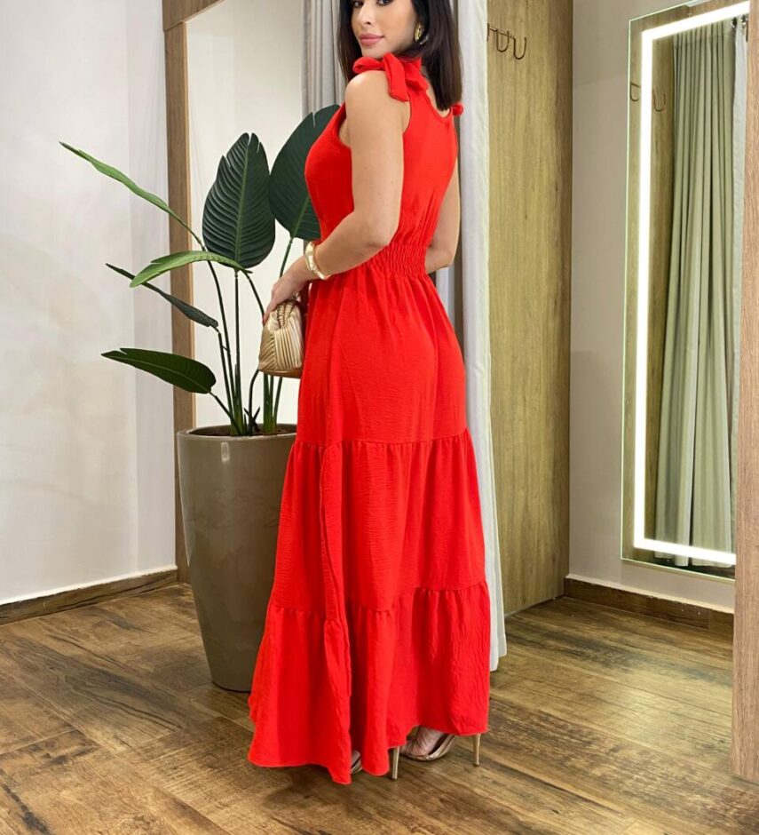 Vestido Longo Sophia Vermelho com Bojo e Amarração nas Alças - Fernanda Ramos Store