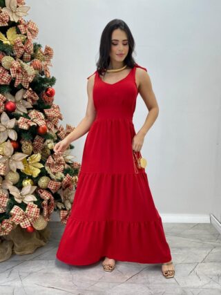 Vestido Longo Sophia Vermelho com Bojo e Amarração nas Alças - Fernanda Ramos Store