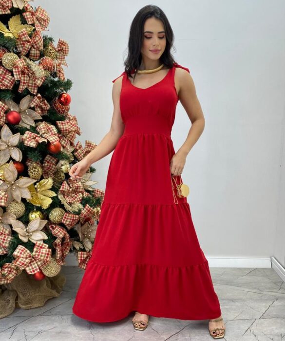 Vestido Longo Sophia Vermelho com Bojo e Amarração nas Alças - Fernanda Ramos Store