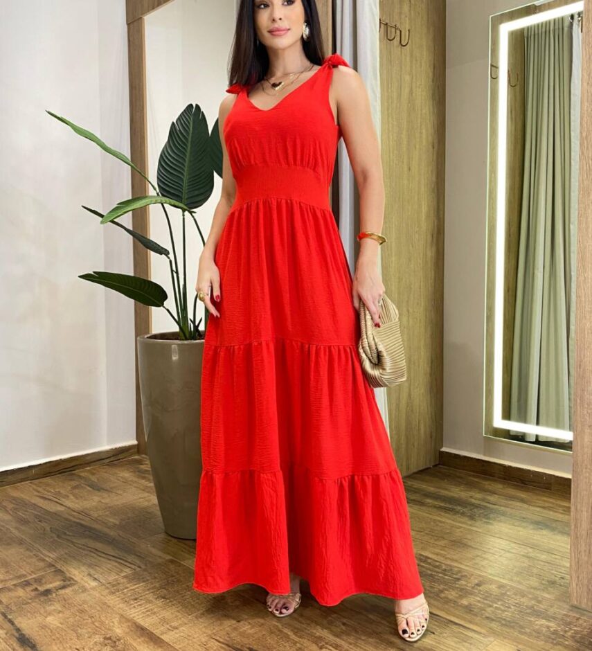 Vestido Longo Sophia Vermelho com Bojo e Amarração nas Alças - Fernanda Ramos Store