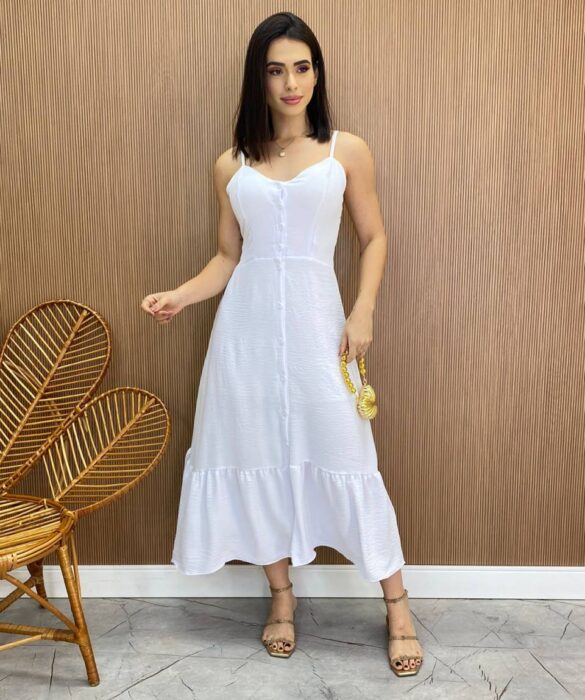 Vestido Longuete com Bojo e Botões Alça Regulável Branco - Fernanda Ramos Store