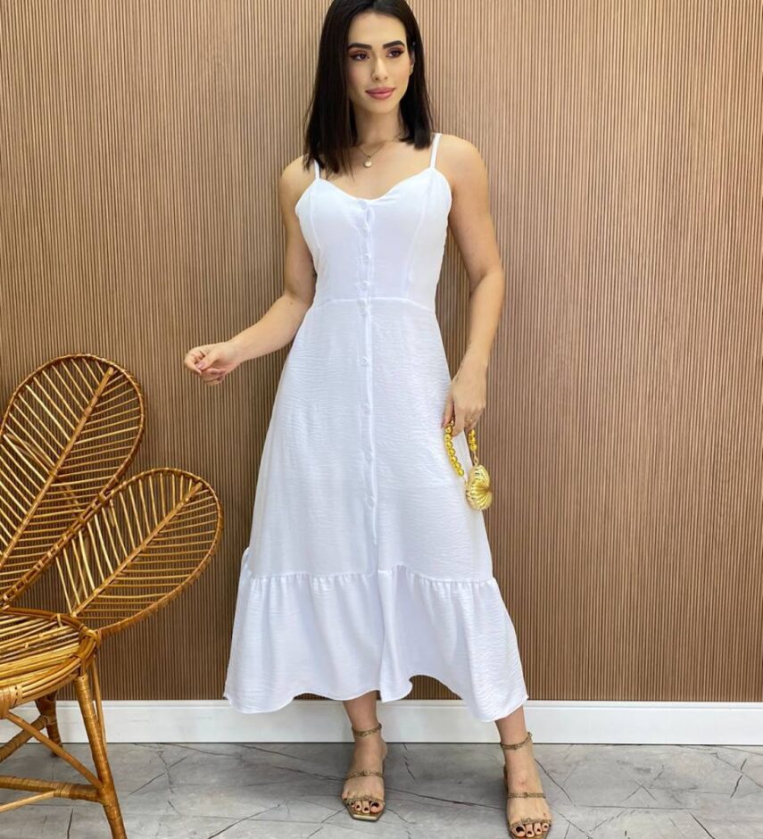 Vestido Longuete com Bojo e Botões Alça Regulável Branco - Fernanda Ramos Store