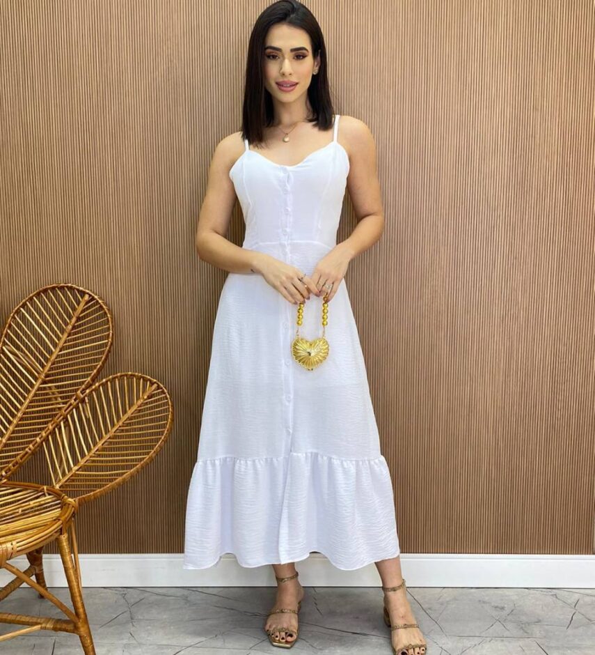 Vestido Longuete com Bojo e Botões Alça Regulável Branco - Fernanda Ramos Store