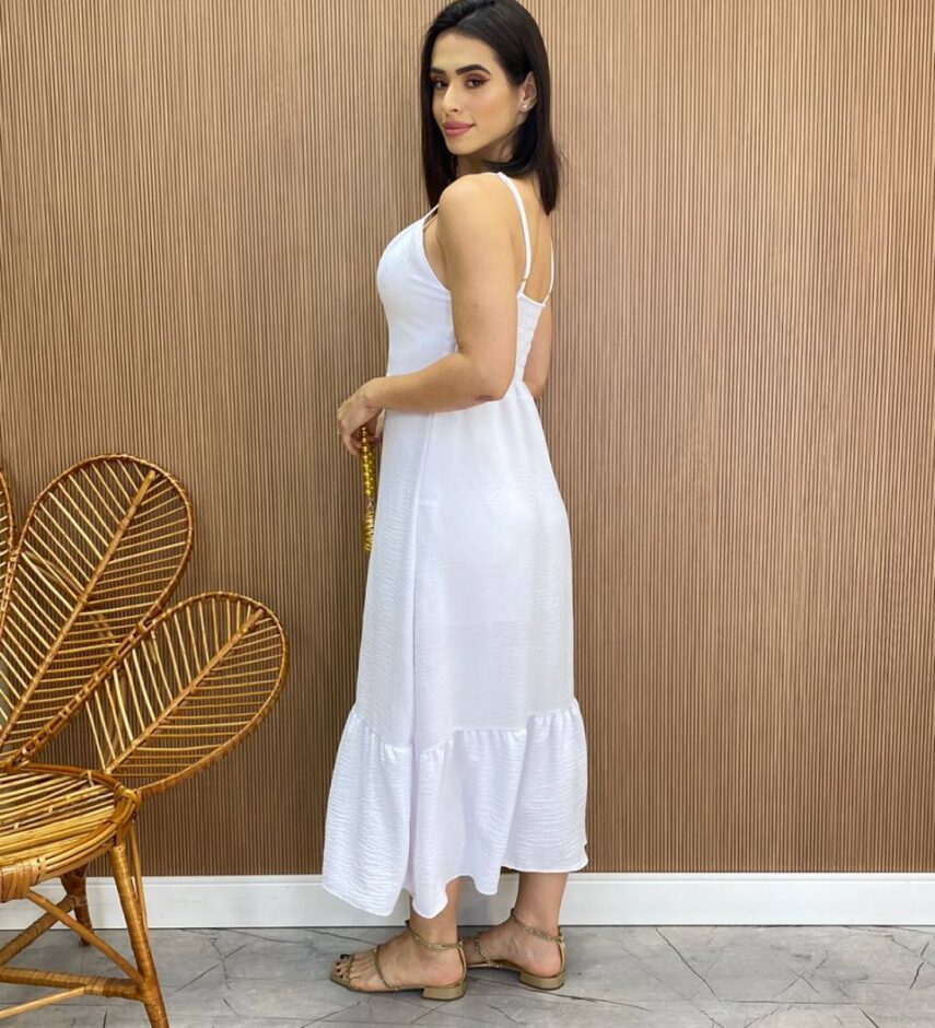 Vestido Longuete com Bojo e Botões Alça Regulável Branco - Fernanda Ramos Store