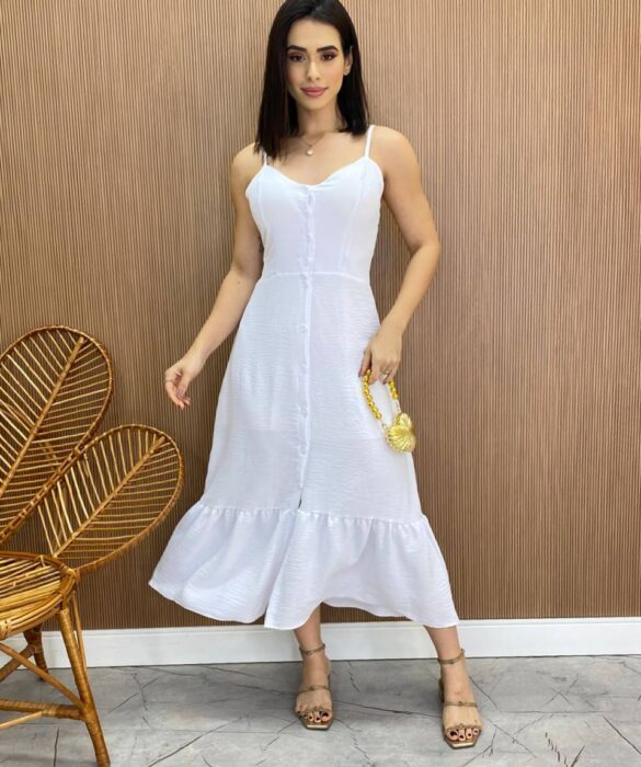 Vestido Longuete com Bojo e Botões Alça Regulável Branco - Fernanda Ramos Store