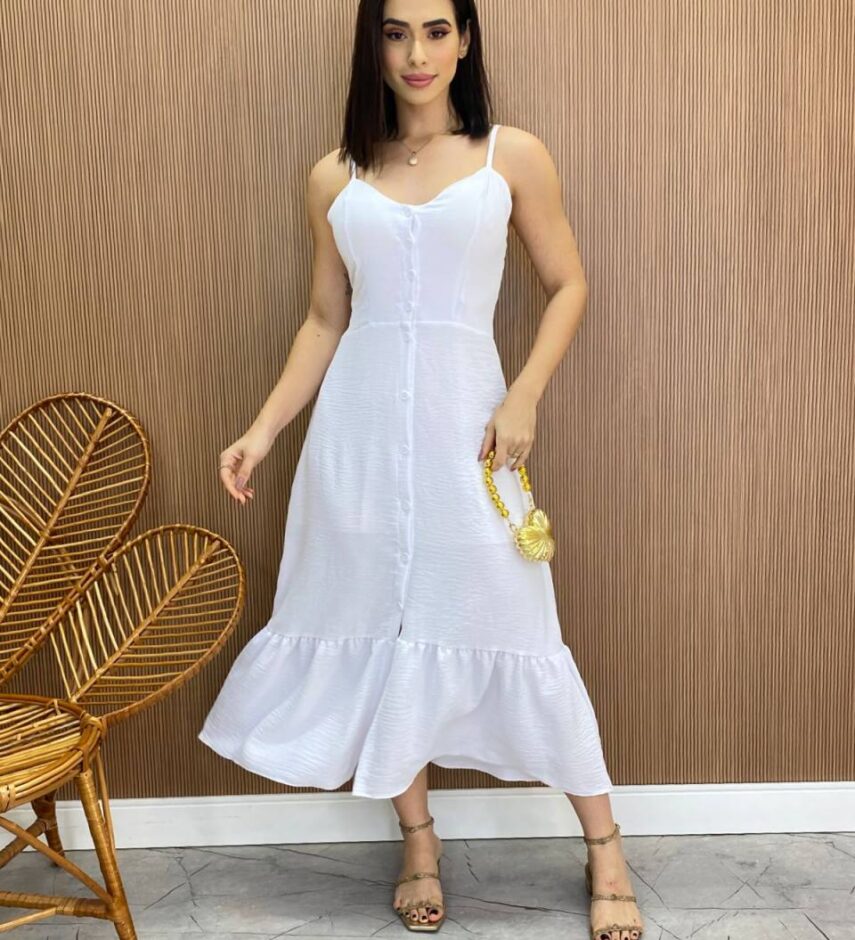 Vestido Longuete com Bojo e Botões Alça Regulável Branco - Fernanda Ramos Store