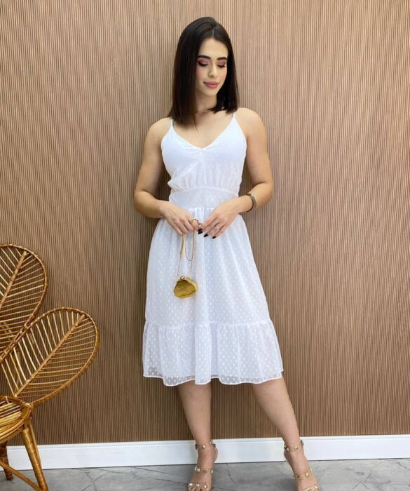 Vestido Midi Agatha com Bojo e Alça Regulável Tule Branco - Fernanda Ramos Store