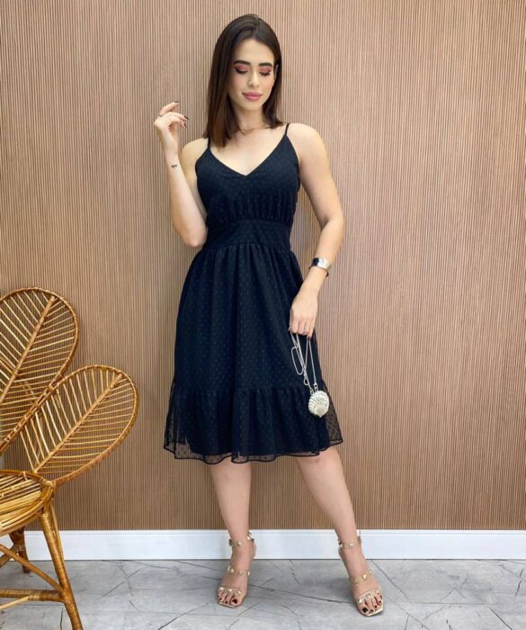 Vestido Midi Agatha com Bojo e Alça Regulável Tule Preto - Fernanda Ramos Store