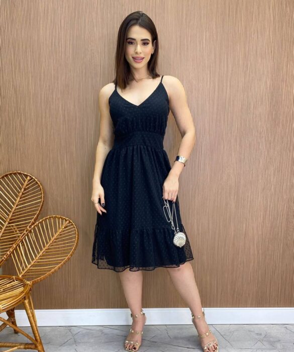 Vestido Midi Agatha com Bojo e Alça Regulável Tule Preto - Fernanda Ramos Store