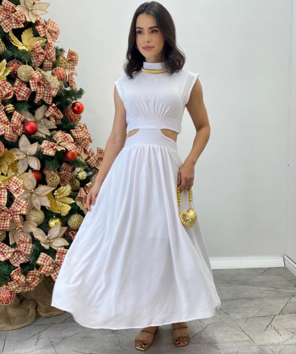 Vestido Midi Branco Ayla sem Bojo Gola Alta com Abertura - Fernanda Ramos Store