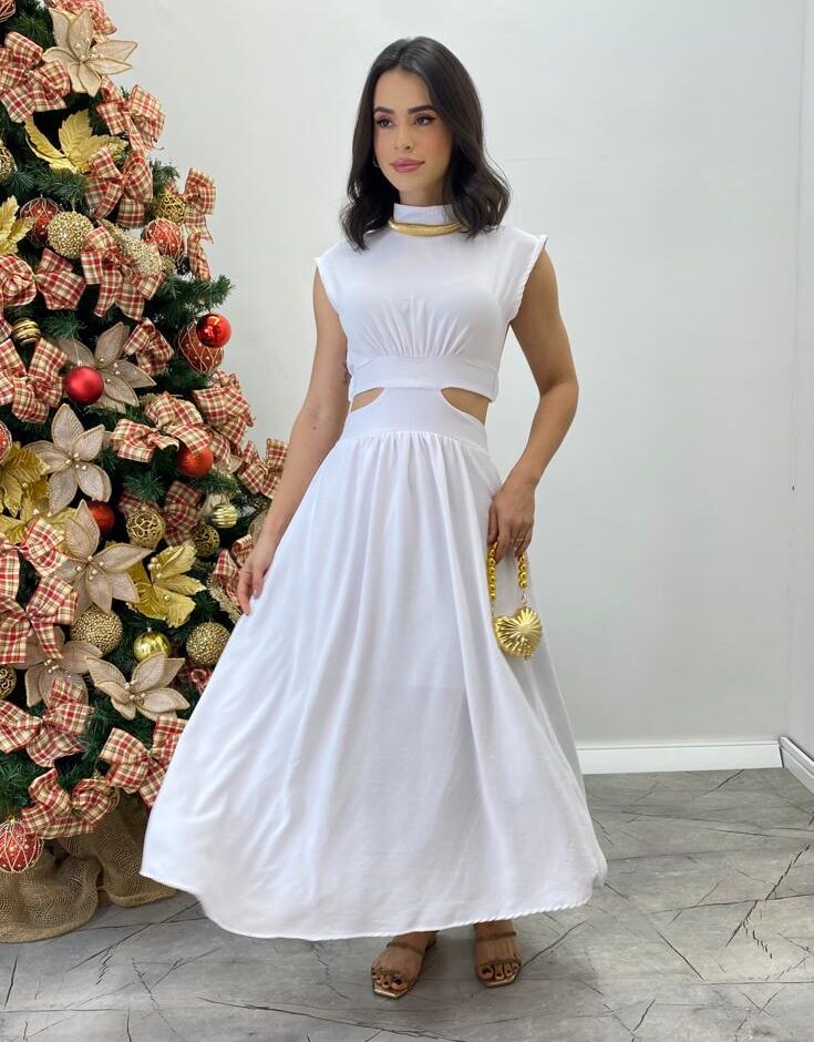 Vestido Midi Branco Ayla sem Bojo Gola Alta com Abertura - Fernanda Ramos Store