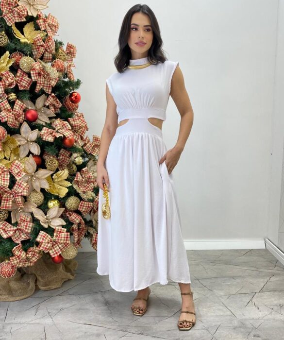 Vestido Midi Branco Ayla sem Bojo Gola Alta com Abertura - Fernanda Ramos Store