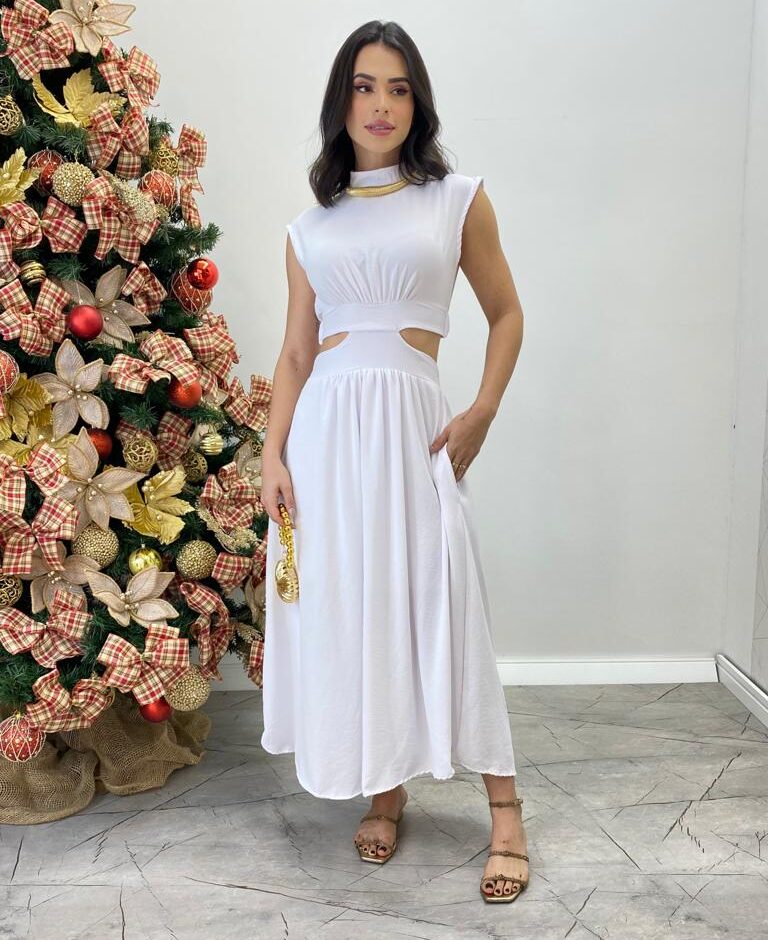 Vestido Midi Branco Ayla sem Bojo Gola Alta com Abertura - Fernanda Ramos Store