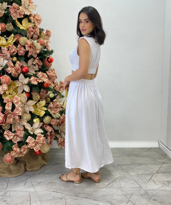 Vestido Midi Branco Ayla sem Bojo Gola Alta com Abertura - Fernanda Ramos Store